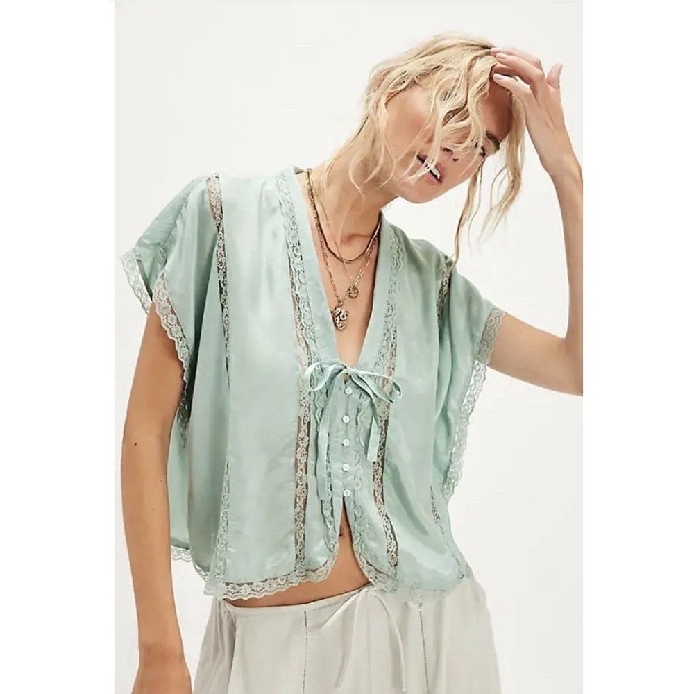 Free People Marigold Shine Lace Top Surf Blue Buttondown Lace V Neck NWT L